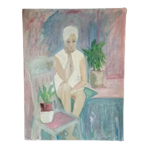 1960's "Woman With Blue Eyes" Expressionist Oil Painting on Canvas Board by Rosemary Rabut