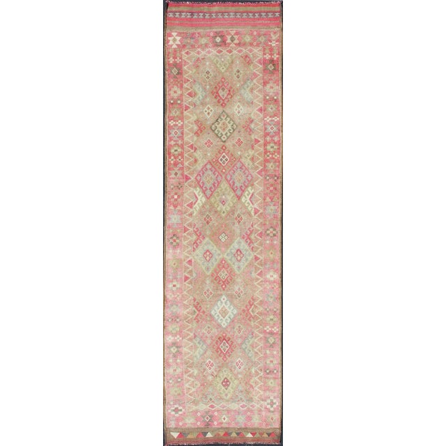 Geometric Kurdish Design Vintage Runner From Turkey in Pink, Red & Green Colors For Sale - Image 12 of 12