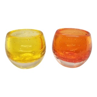 Vintage Bubble Glass Handmade Mouth-Blown Votive Yellow and Orange Glass, Pair, 70s For Sale