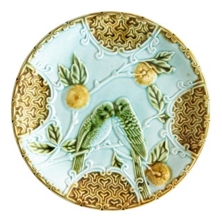 Antique French Salins Turquoise Majolica Parakeets Budgie Birds Plate, Circa 1890 For Sale