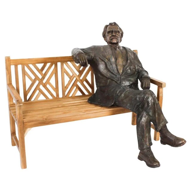 Vintage Life Size Sculpture of Albert Einstein on a Garden Bench, 20th Century, Bronze on Teak For Sale - Image 12 of 12
