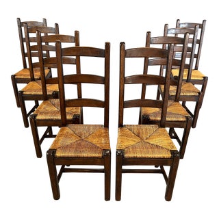 Dutch Farmhouse Oak Ladder Back Dining Chairs With Rush Woven Seats - Set of 8 For Sale