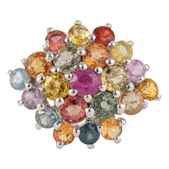 Carat&Her 4.17 Ct Rainbow Sapphire Retro Cluster Ring, Size 5.5 For Sale