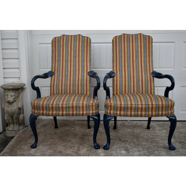 Hickory Chair Furniture Company Hickory Chair High Back Armchairs Vintage Hollywood Regency Striped Accent Pair For Sale - Image 4 of 11
