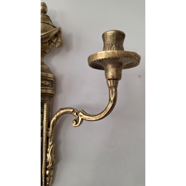 Pair Vintage Bronze Wall Candle Sconces, French Regency Style Candelabra, Hollywood Regency Brass Wall Decor, Neoclassical Candle Holders For Sale - Image 11 of 14
