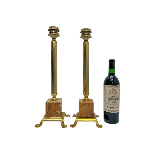 Mid-Century Modern Classic Brass and Onyx Marble Column Table Lamps, France, 1960s, Set of 2 For Sale - Image 3 of 12