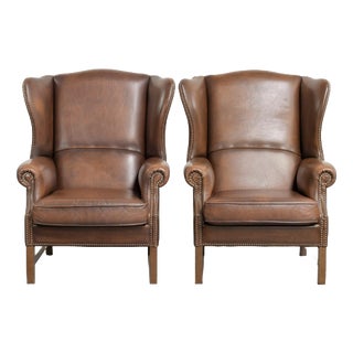 English Cowhide Wing Armchairs, Set of 2 For Sale