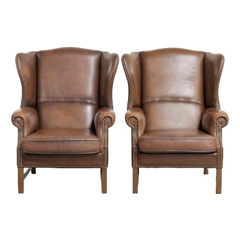 English Cowhide Wing Armchairs, Set of 2 For Sale