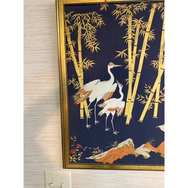 Gorgeous screened silk chinoiserie art. The white and gold paint or ink show up on this navy background so beautifully. I...