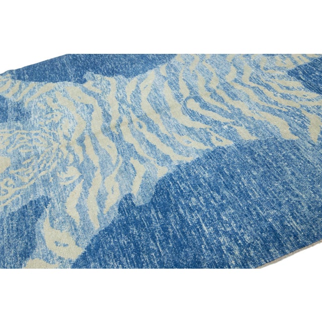 Handmade Contemporary Tiger Designed Wool Rug in Blue For Sale In New York - Image 6 of 10
