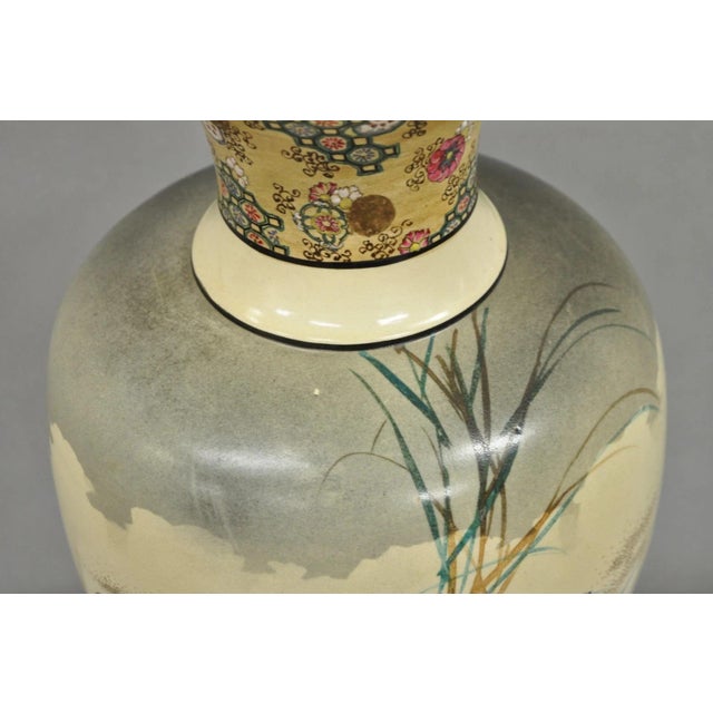 Ceramic Antique Oriental Oversized Porcelain Satsuma Vase Japanese Table Lamp W/ Geese For Sale - Image 7 of 15