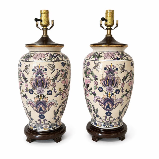 Chinoiserie 1970s Ornate Floral Ceramic Urn Table Lamps With Carved Wood Bases - a Pair For Sale - Image 3 of 13