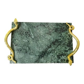 1990s Art Deco Michael Aram Brass Snake Grazing Board Verde Guatemala Green Marble Cheese Charcuterie Tray Serpent Art Deco Hollywood Regency Platter For Sale