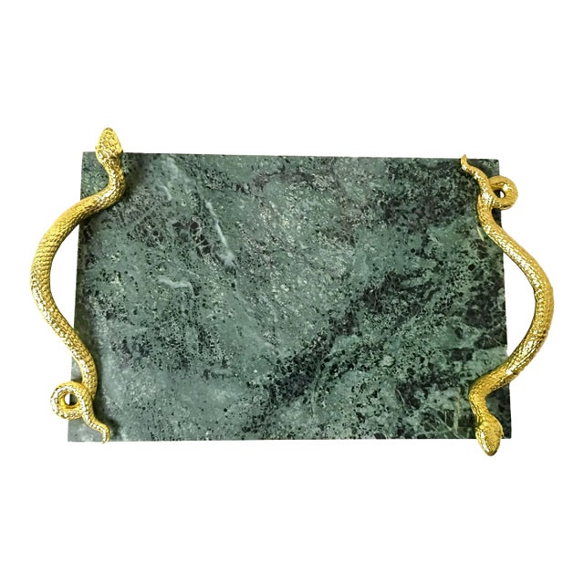 1990s Art Deco Michael Aram Brass Snake Grazing Board Verde Guatemala Green Marble Cheese Charcuterie Tray Serpent Art Deco Hollywood Regency Platter For Sale