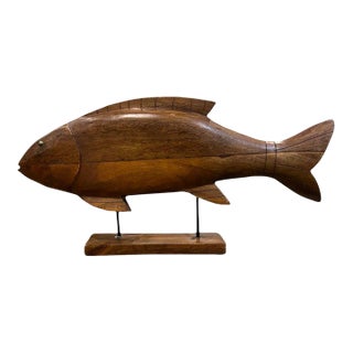 Hand-Carved Wooden Fish Sculpture on Stand For Sale