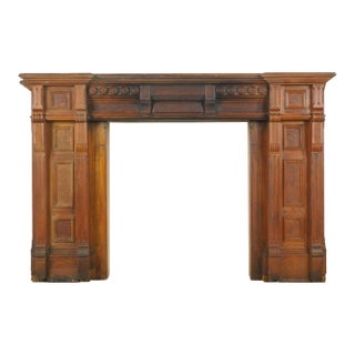 Antique Victorian Burl Veneer Paneled Oak Fireplace Mantel For Sale