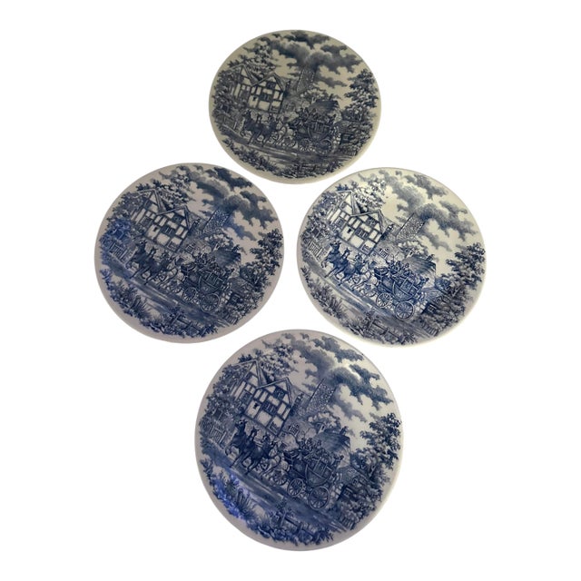 Vintage Blue and White Transferware Plates With Coaching Scene by Oxford Pottery - A Set of 4 For Sale