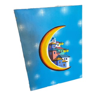 1970s Surrealism Houses on the Moon Painting on Canvas For Sale