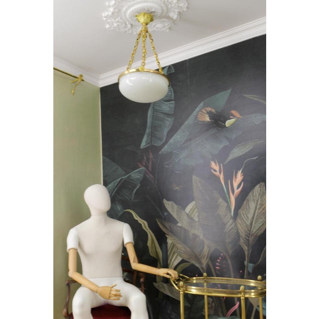 1920s French White Glass, Brass and Bronze Pendant Chandelier, 1920s For Sale - Image 5 of 18