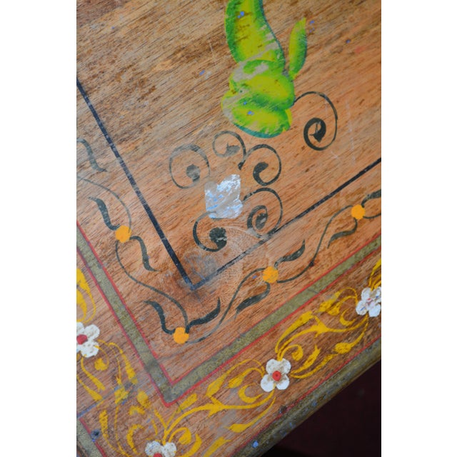 1980s Hand Painted Color Florals Large Wooden Trunk Box / Coffee Table W/Iron Rings For Sale - Image 9 of 13
