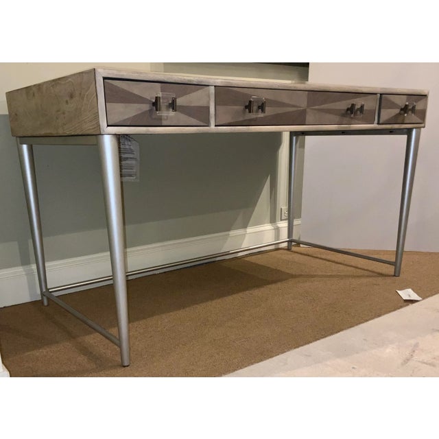 Stylish Organic Modern Greige and Gray Wood Writing Desk, three drawers, two with dividers, acrylic and metal pulls,...