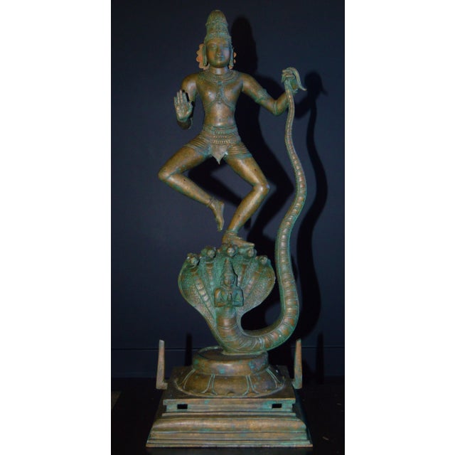 The Dance of Victory: Large Size Chola Style Bronze Krishna vanquishes Kaaliya Lord Krishna Dancing Tandava on Head of a...