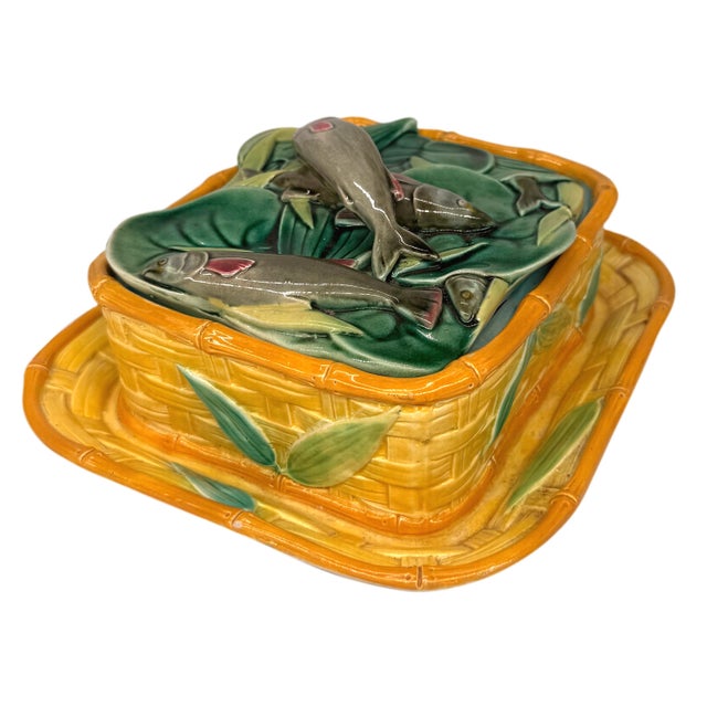 A Victoria Pottery Majolica Yellow Basketweave Sardine Box, English, Ca. 1882 For Sale - Image 4 of 13