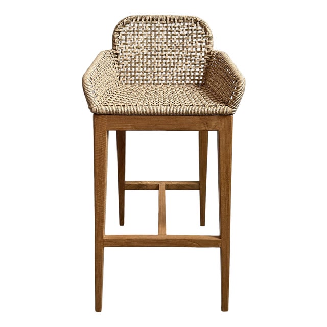 Outdoor Teak & Faux Rope Bar Stool For Sale