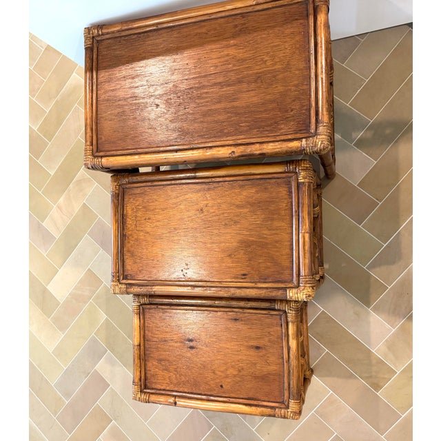 Wood Vintage 1950s Rattan & Mahogany Nesting Tables, Set of Three For Sale - Image 7 of 10