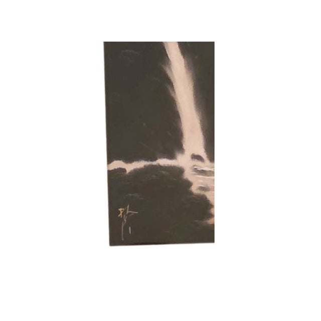 Mid 20th Century Signed Japanese Silk Painting | Japandi Moonlight Waterfall Landscape in Rustic Bamboo Frame For Sale In Baton Rouge - Image 6 of 8