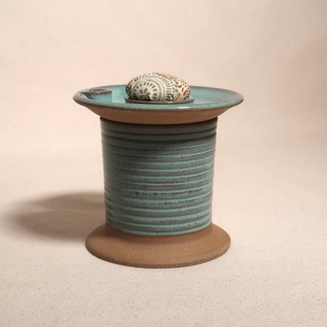 Mid-Century Modern Mid Century Modern Handmade Studio Pottery Turquoise Glaze Pin Cushion Ceramic Sewing Vessel For Sale - Image 3 of 13