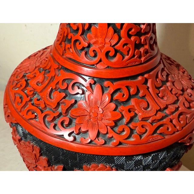 Tall Vintage Handmade Chinese Carved Black Red Lacquer Cinnabar Floral Vase Urn For Sale - Image 12 of 13