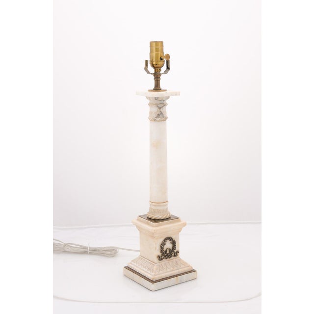 French Antique Empire Alabaster Column Lamps With Brass Accents - a Pair For Sale - Image 3 of 7