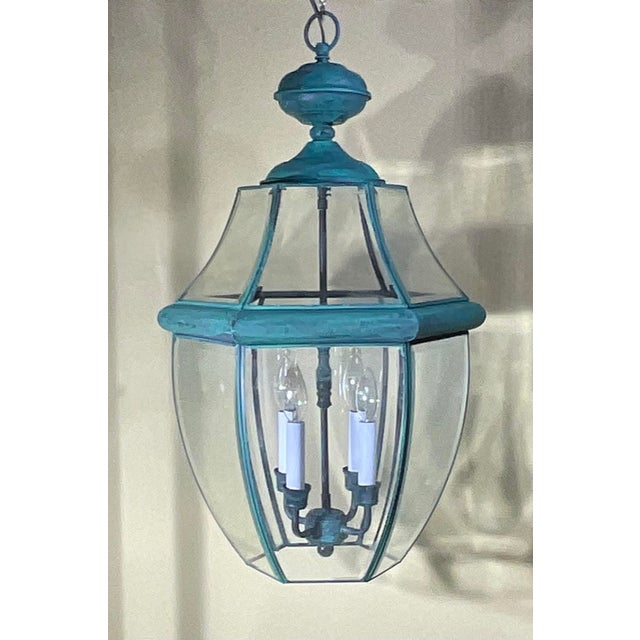 Turquoise Large Vintage Solid Brass Hanging Lantern/Light Fixture-27”High X 15”.5 Wide For Sale - Image 8 of 12