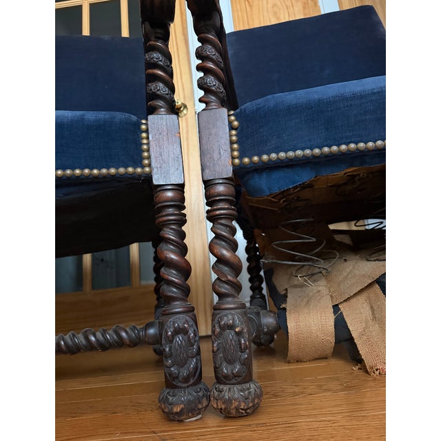 Navy Blue Mid 20th Century Pair of Jacobean Revival Carved Wood Barley Twist Velvet Armchairs For Sale - Image 8 of 12