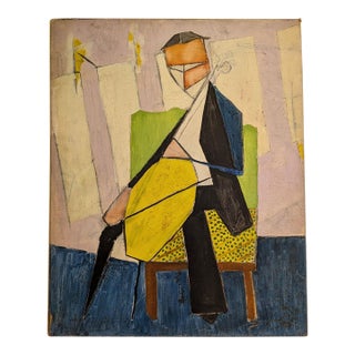 Mid-Century Synthetic Cubist Cellist Musician Portrait Oil Painting on Canvas For Sale
