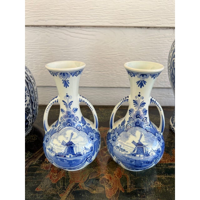 Delft Pair Petite Vintage Delft Vases Blue & White Windmilll Hand Painted Bud Vases For Sale - Image 4 of 18