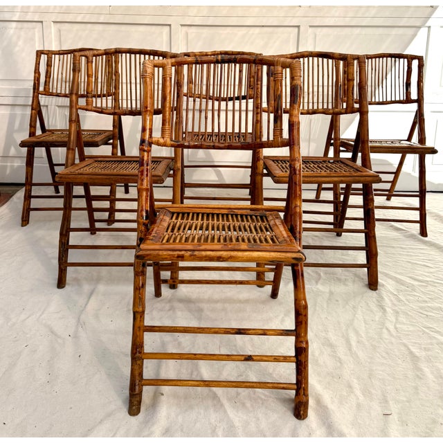 1960's Set of 6 Tortoiseshell Finish Bamboo Folding Chairs For Sale - Image 10 of 10