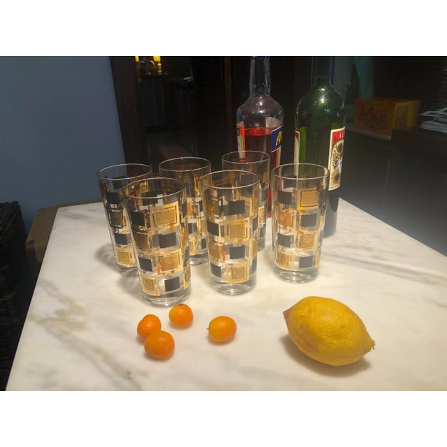 Culver Ltd. Vintage Cera Cora Black and 24k Gold Squares Highball Glasses -Set of 6 For Sale - Image 4 of 8