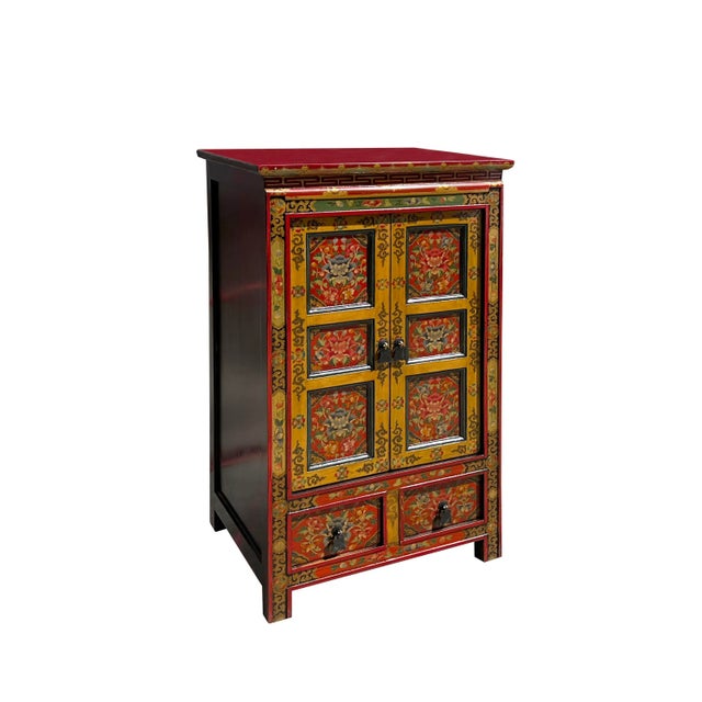 2020s Tibetan Orange Yellow Jewel Floral Tall End Table Nightstand Cabinet For Sale - Image 5 of 6