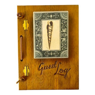 Vintage Handcrafted Wooden Guest Book With Seashell Inlay & Leather Tie Closures For Sale