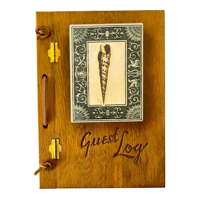 Vintage Handcrafted Wooden Guest Book With Seashell Inlay & Leather Tie Closures For Sale