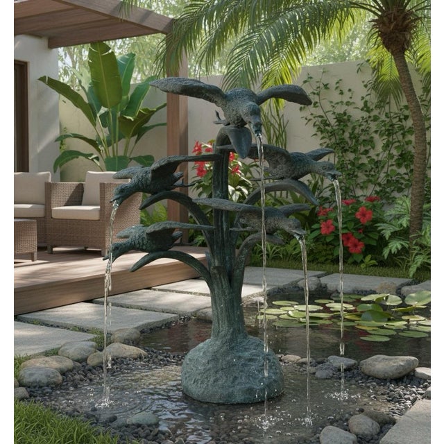 Verdigris Vintage Verdigris Bronze "Birds in Flight" Garden Fountain For Sale - Image 8 of 9