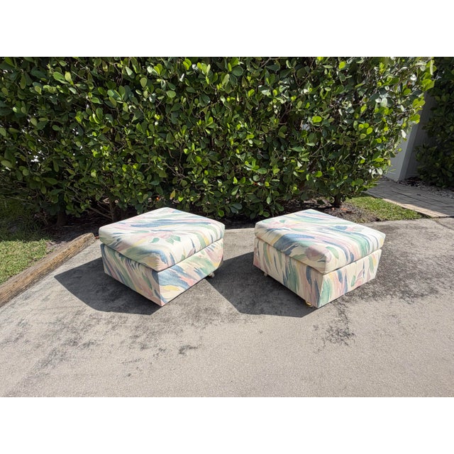 Vintage Postmodern Upholstered Cube Ottomans on Brass Casters, a Pair For Sale In Naples, FL - Image 6 of 12