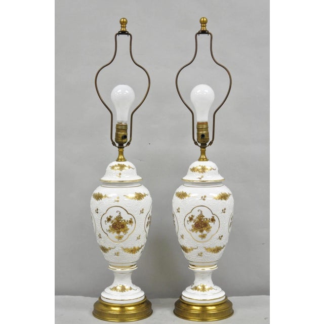 Vintage French Louis XV White Porcelain Ginger Jar Gold Flower Table Lamps Pair For Sale - Image 16 of 16