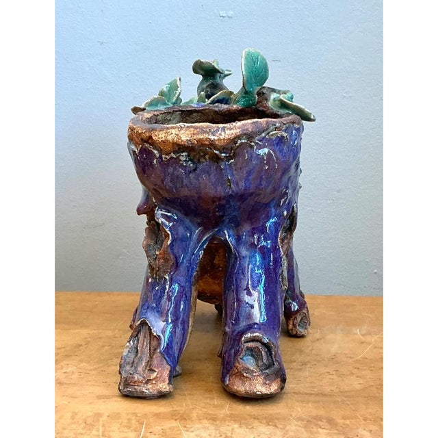 Vintage Shiwan Pottery Faux Bois Cache Pot For Sale - Image 4 of 12