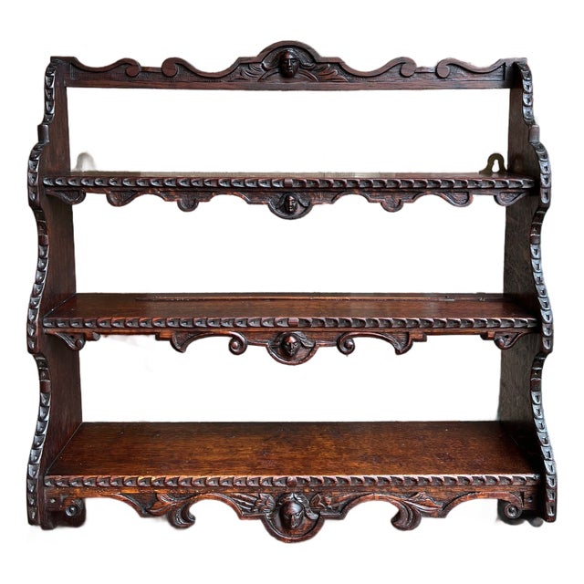 Antique English Gothic Revival Wall Shelf Carved Oak Hanging Display Rack C1880 For Sale