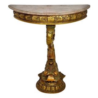 Italian Giltwood Demi-lune Table with Marble Top, Mid-20th Century For Sale