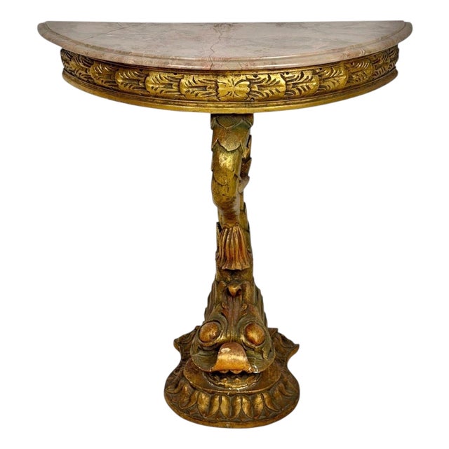 Italian Giltwood Demi-lune Table with Marble Top, Mid-20th Century For Sale