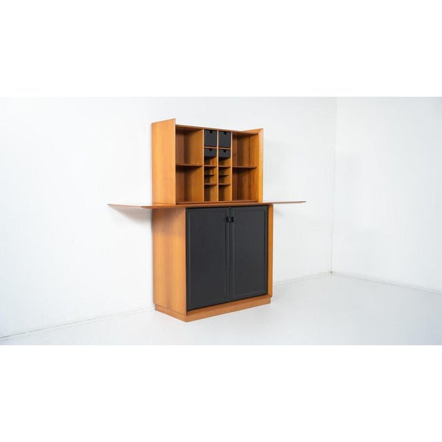 Mid-Century Modern Cabinet, Wood Structure Beautiful upper part open storage with four leather drawers Lower section two...